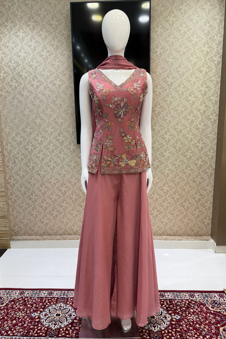 Onion Pink Palazzo Set Featuring All-Over Multicolor Embroidery, Beads, Sequins and Zari