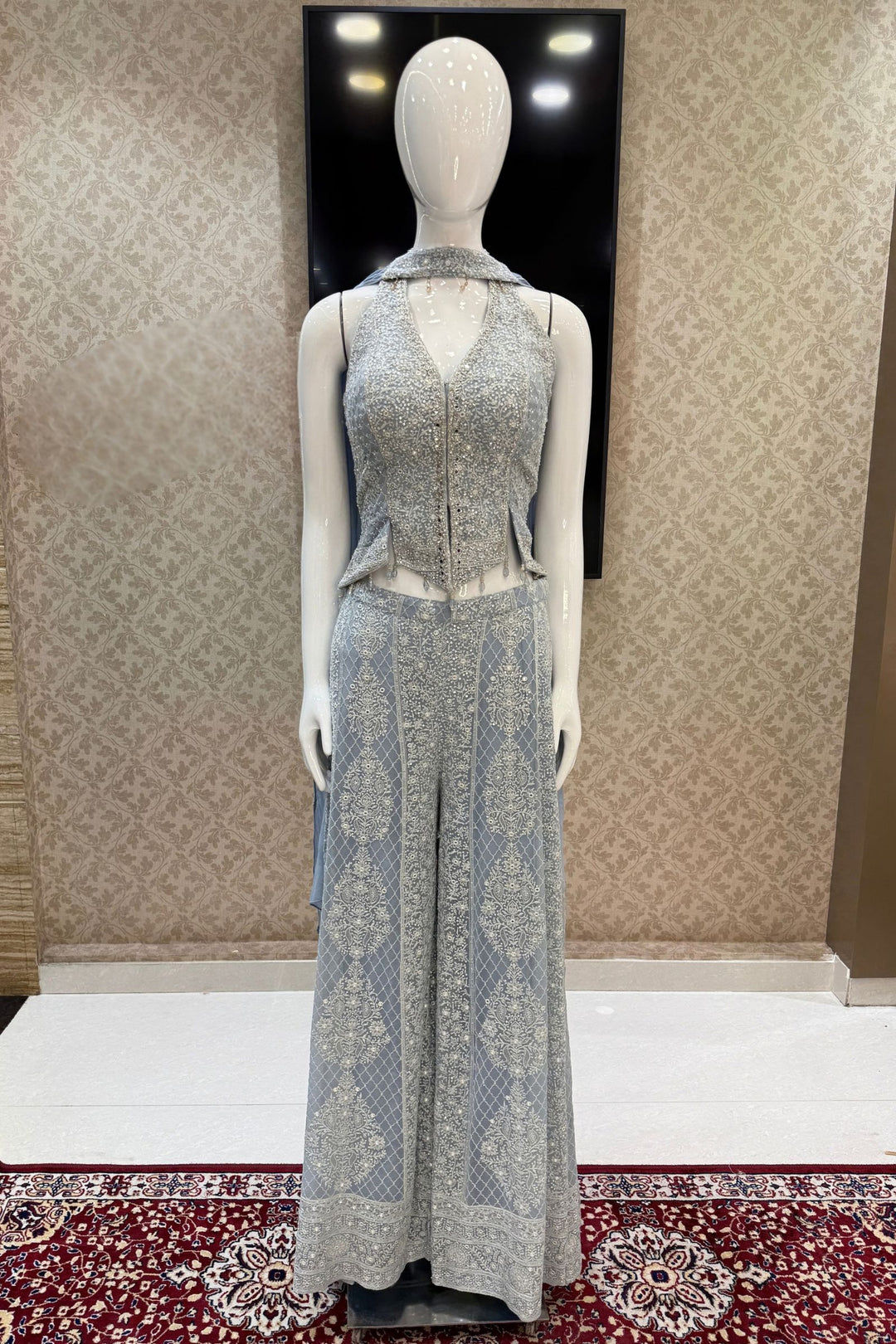 Sky Blue Halter Neck Palazzo Set with Chikankari, Beads, Sequins, Mirror and Stone Detailing