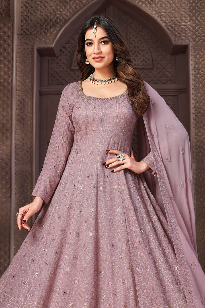 Onion Pink Embroidery, Beads, Mirror, Zardozi and Zari work Floor Length Anarkali Suit