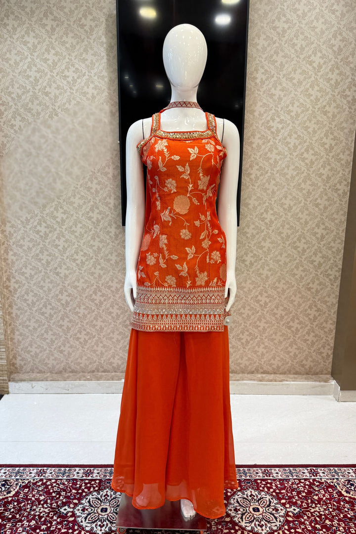 Orange Banaras Zari, Mirror, Zardozi, Sequins, Stone and Beads work Palazzo Salwar Suit
