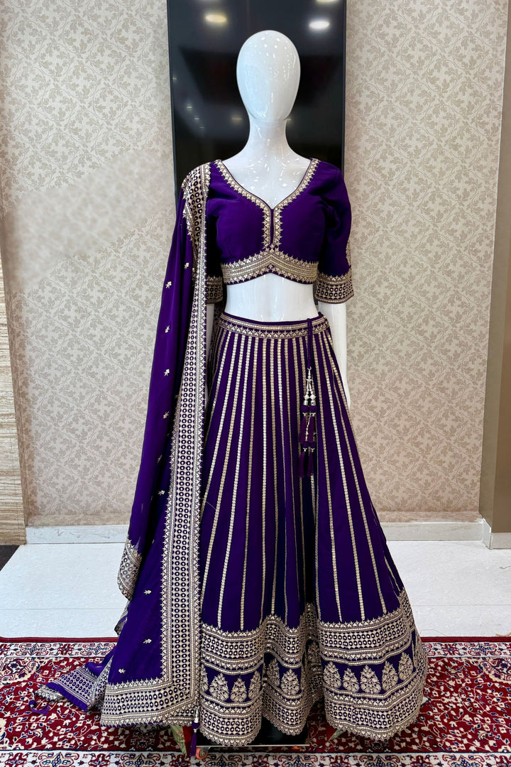 Purple Sequins and Zari work Crop Top Lehenga