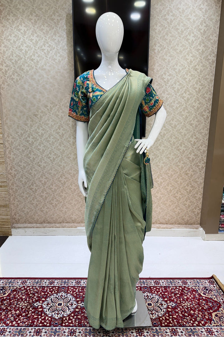 Sea Green Saree with Peacock Blue Beads, Zari and Sequins work with Pochampally Print Blouse