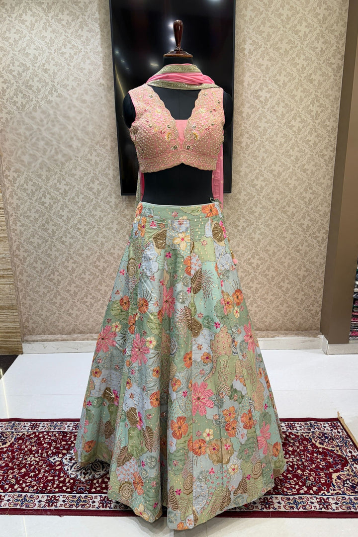 Pink with Light Green Floral Print, Beads, Zari and Sequins work Crop Top Lehenga