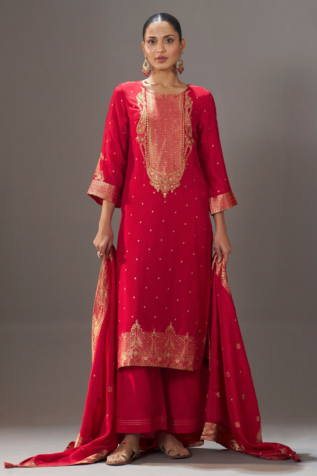 Red Banaras and Beads work Straight Cut Salwar Suit