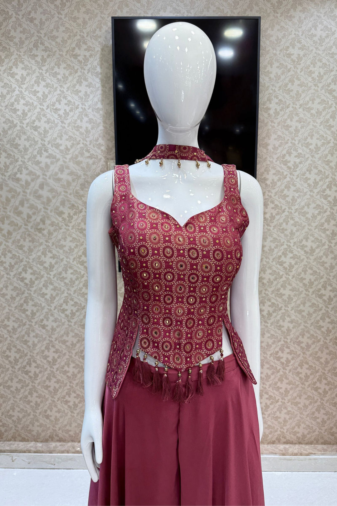 Magenta Stone, Mirror and Brocade work Palazzo Suit Set