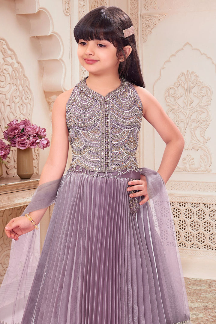 Lavender Mirror, Stone, Beads and Zari work Lehenga Choli for Girls
