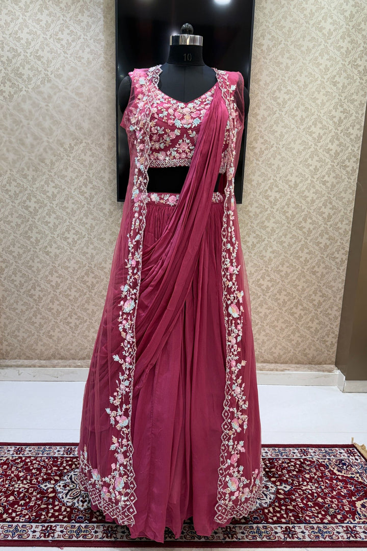 Onion Pink Sequins, Stone and Pearl work Indo-Western Styled Crop Top Lehenga  with Overcoat