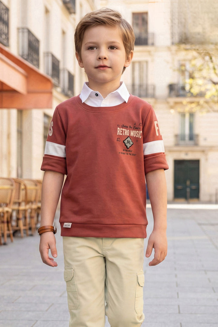 Rust T-Shirt and Beige Pant Set for Boys with Belt