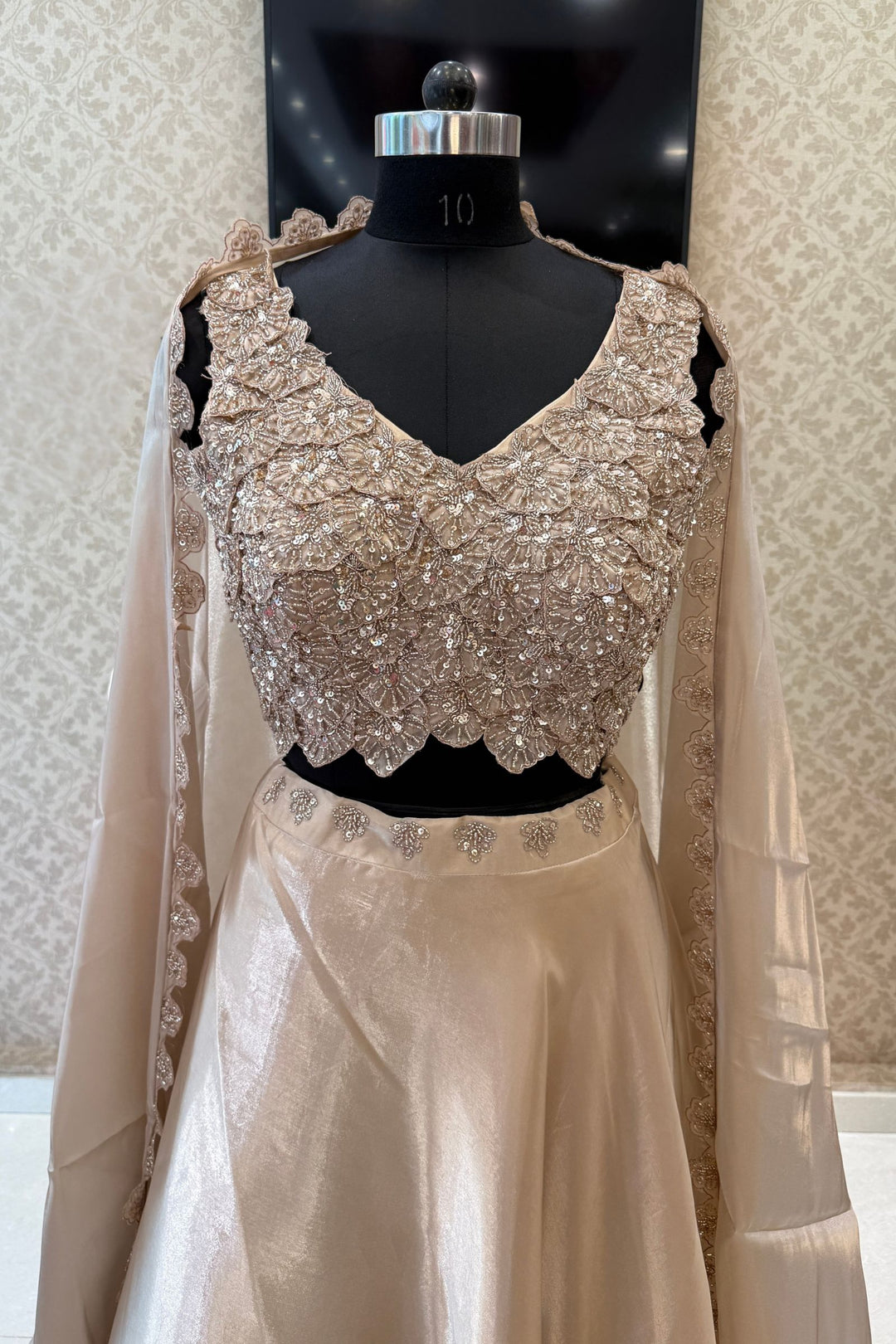 Beige Sequins and Beads work Crop Top Lehenga with Cape