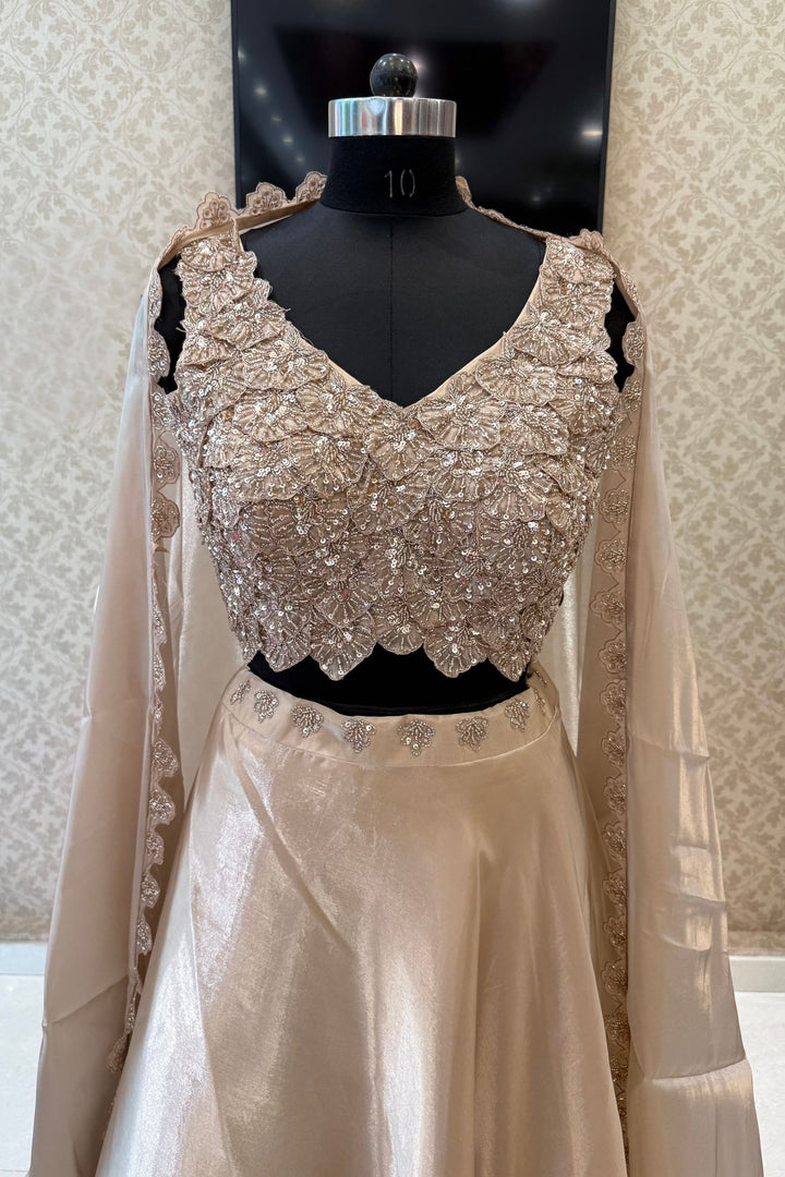 Beige Sequins and Beads work Crop Top Lehenga with Cape
