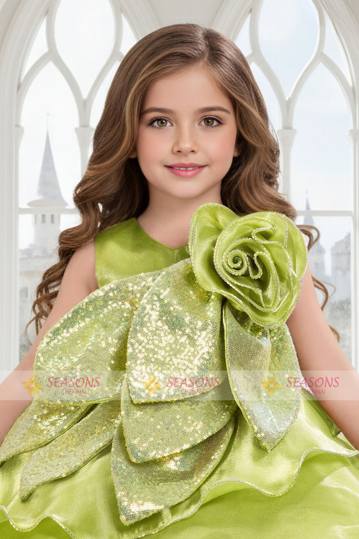 Parrot Green Sequins work Short Partywear Short Frock for Girls