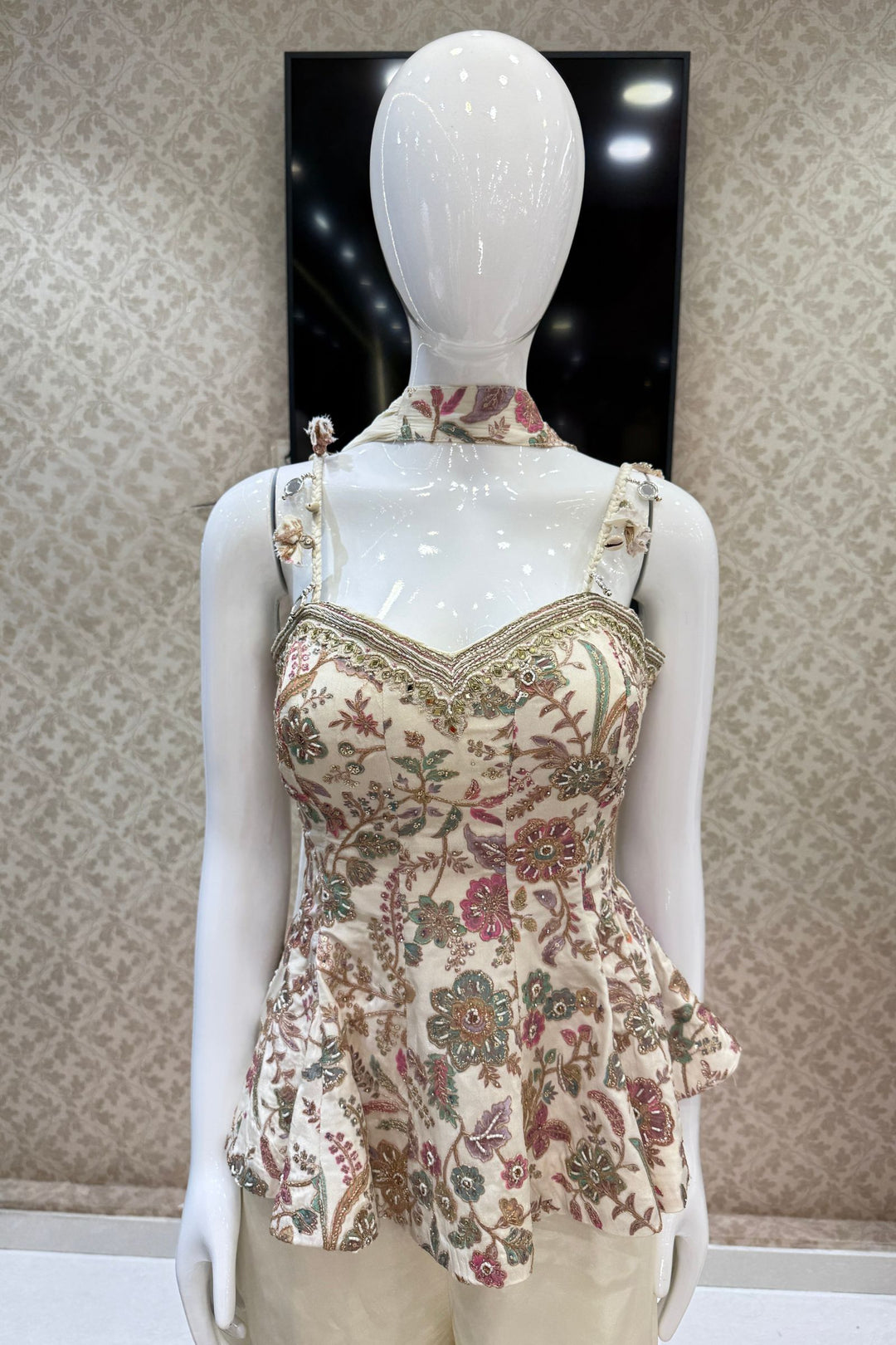 Cream Floral Print Peplum Top and Flared Palazzo Set with Zari and Beads work