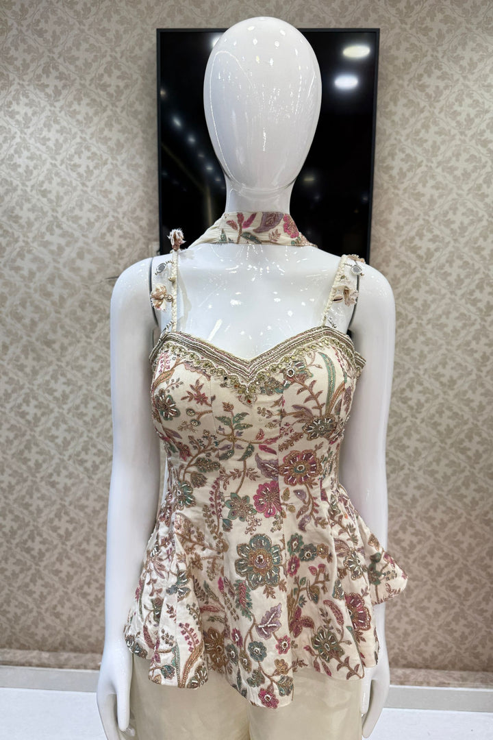 Cream Floral Print Peplum Top and Flared Palazzo Set with Zari and Beads work