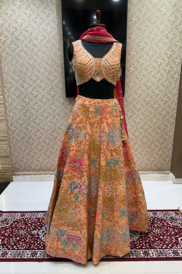 Peach Mirror, Beads, Zari and Sequins work with Floral Print Crop Top Lehenga