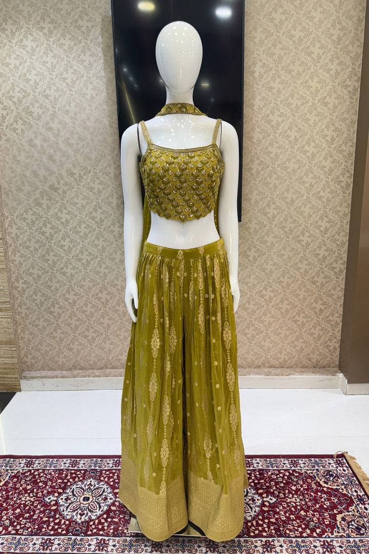 Olive Green Zardozi, Sequins, Banaras and Embroidery work Crop Top with Palazzo Pant