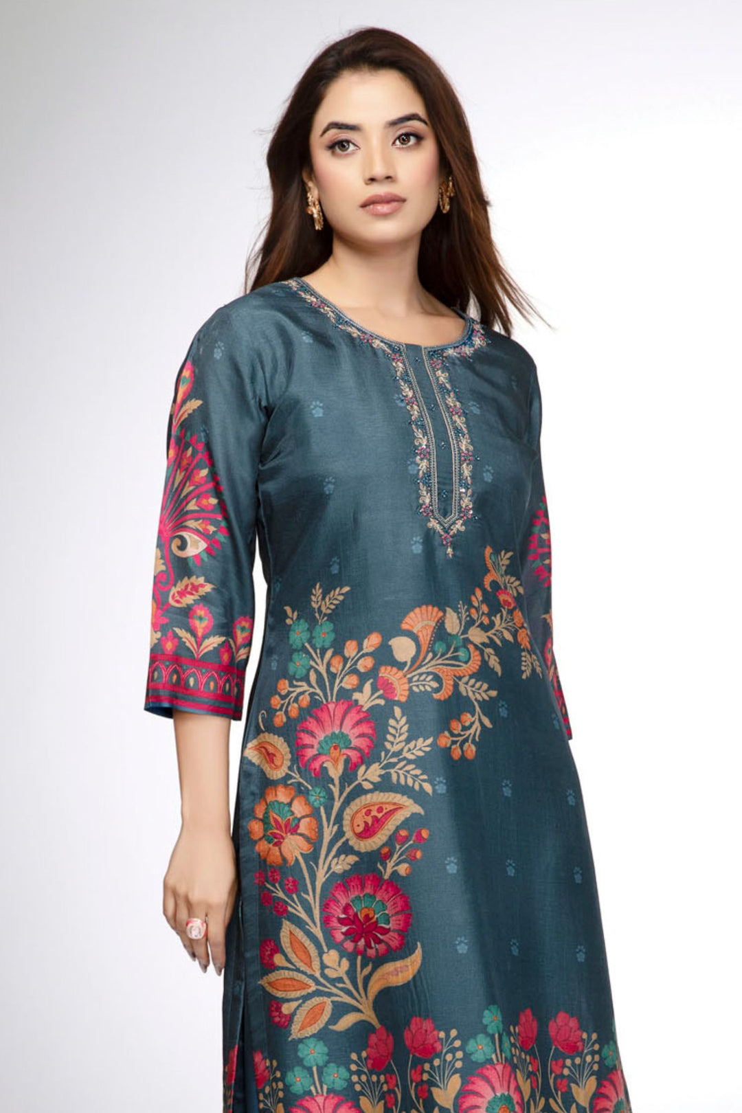 Teal Blue Beads and Mirror work with Floral Print Calf Length Kurti