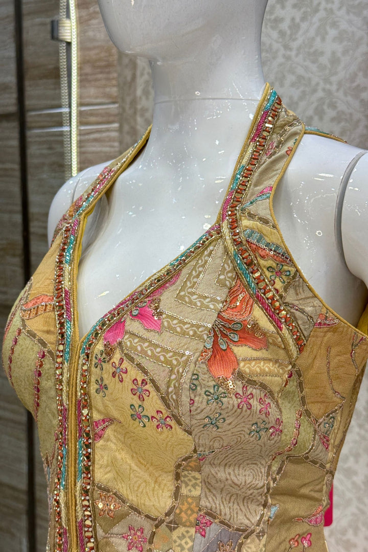 Yellow Halter Neck Palazzo Salwar Suit with Sequins, Mirror, Zari, Stone and Beads Detailing
