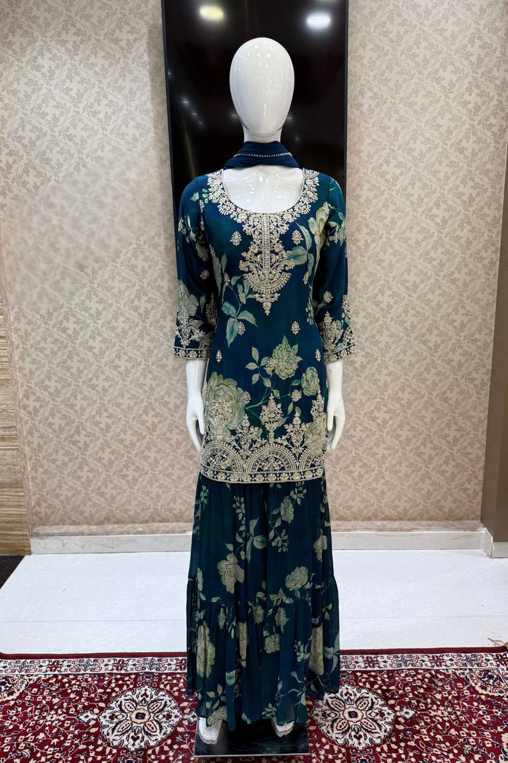 Peacock Blue Sequins and Zari work with Floral Print Sharara Salwar Suit