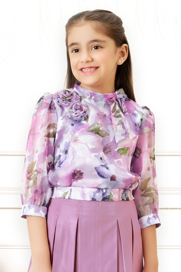 Onion Pink with Multicolor Digital Print Top and Divider Skirt for Girls