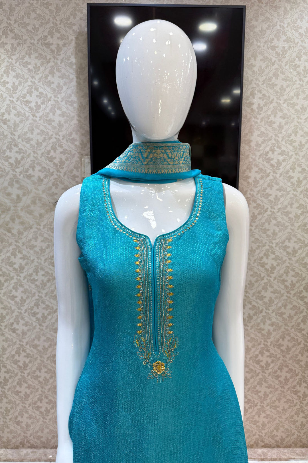 Rama Blue Thread, Sequins, Beads and Mirror work Straight Cut Salwar Suit