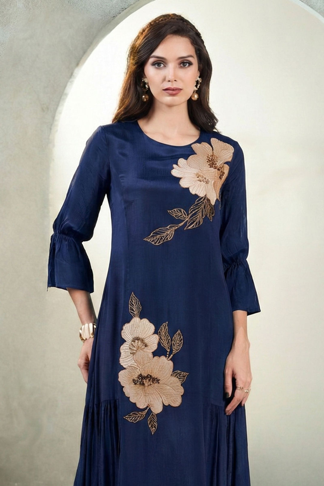 Navy Blue Beads and Zari work Anarkali Styled Long Kurti