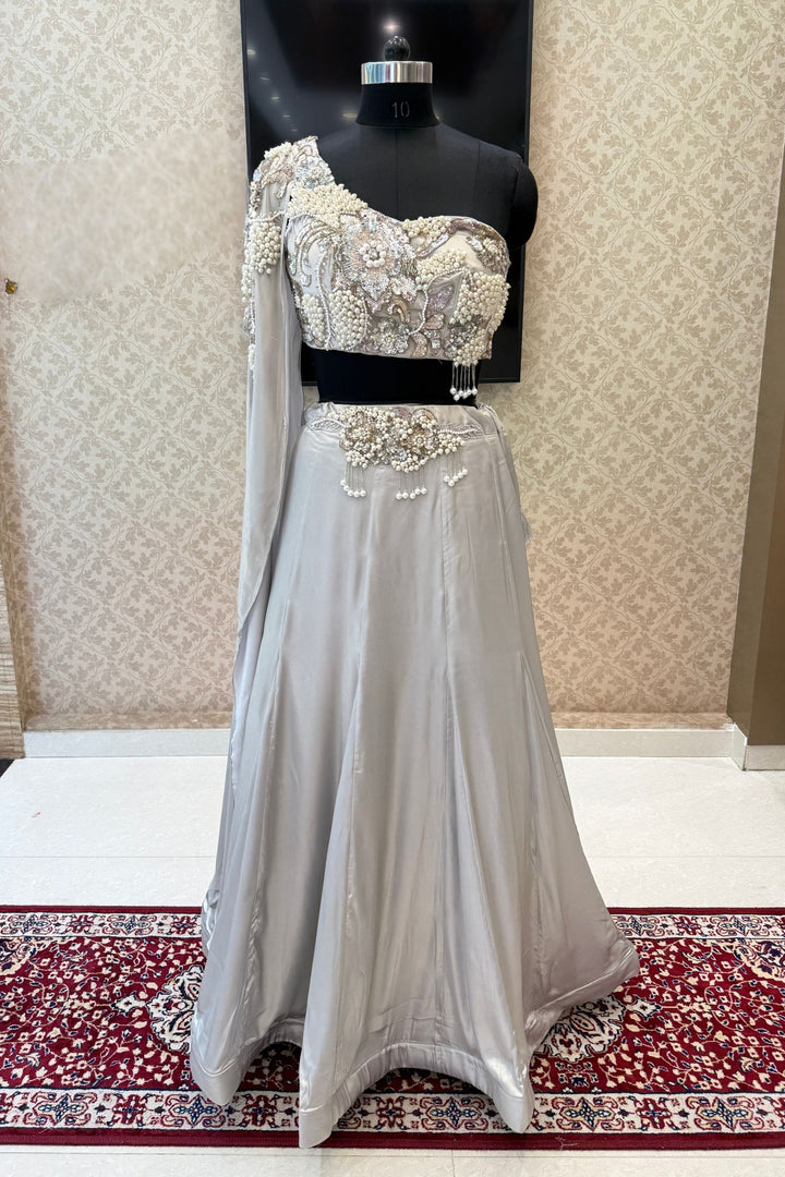 Grey Pearls, Sequins and Beads work Indo-Western Styled Lehenga