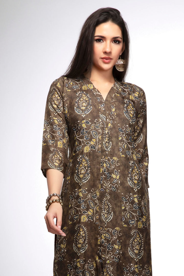 Brown Beads and Zari work with Digital Print Calf Length Kurti