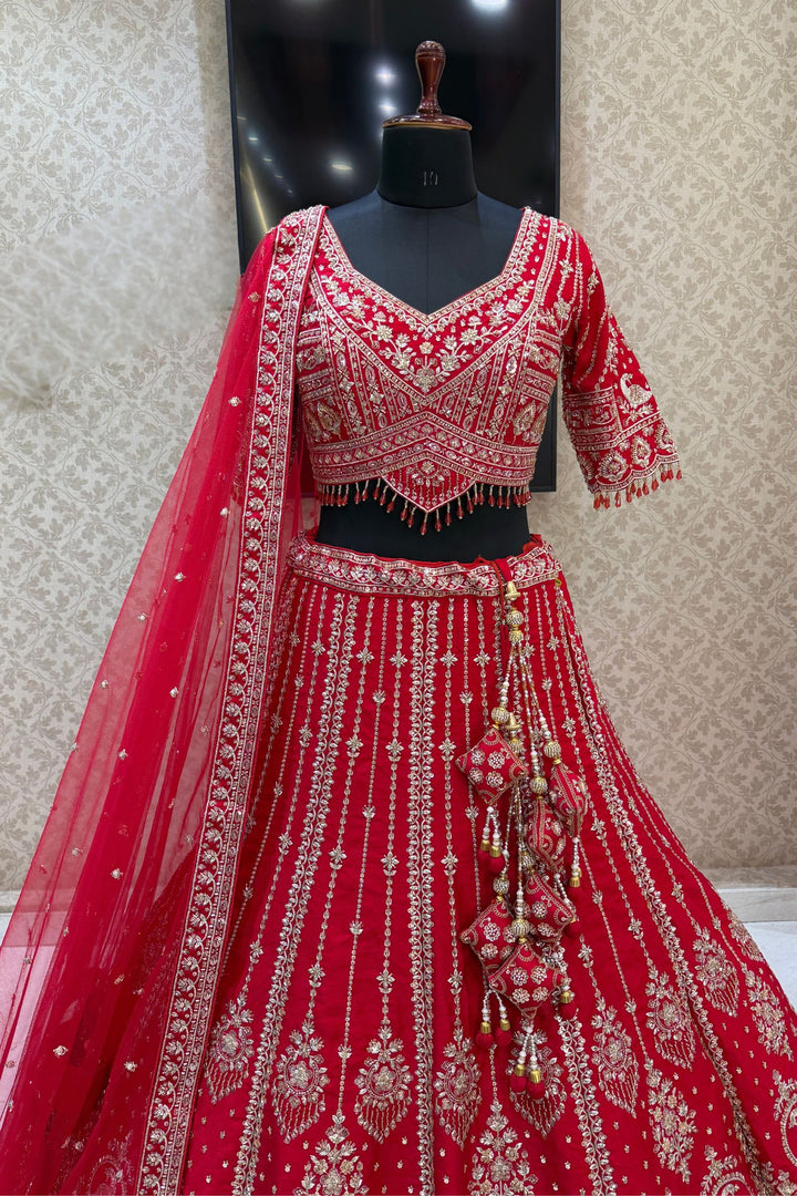 Red Beads, Zari, Zardozi, Thread and Sequins work Crop Top Designer Bridal Lehenga