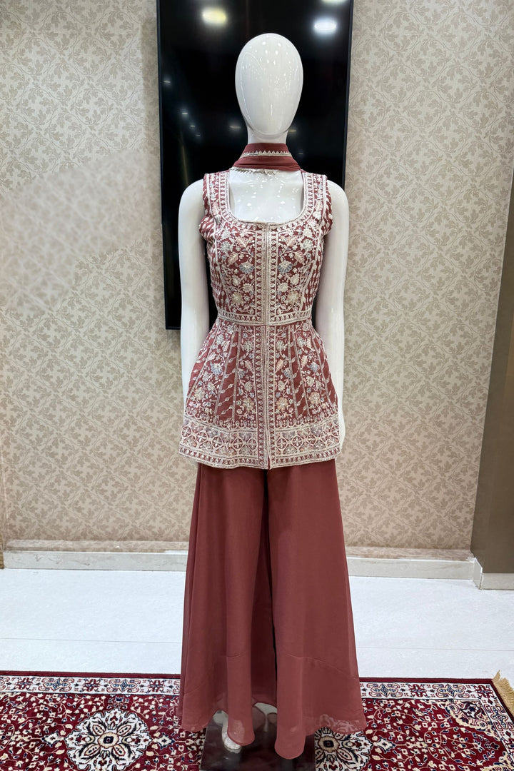 Brick Red Multicolor Embroidery and Sequins work Peplum Top with Palazzo Suit Set