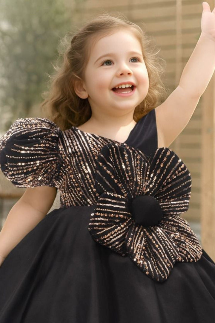 Black Sequins and Beads work Short Partywear Frock for Girls