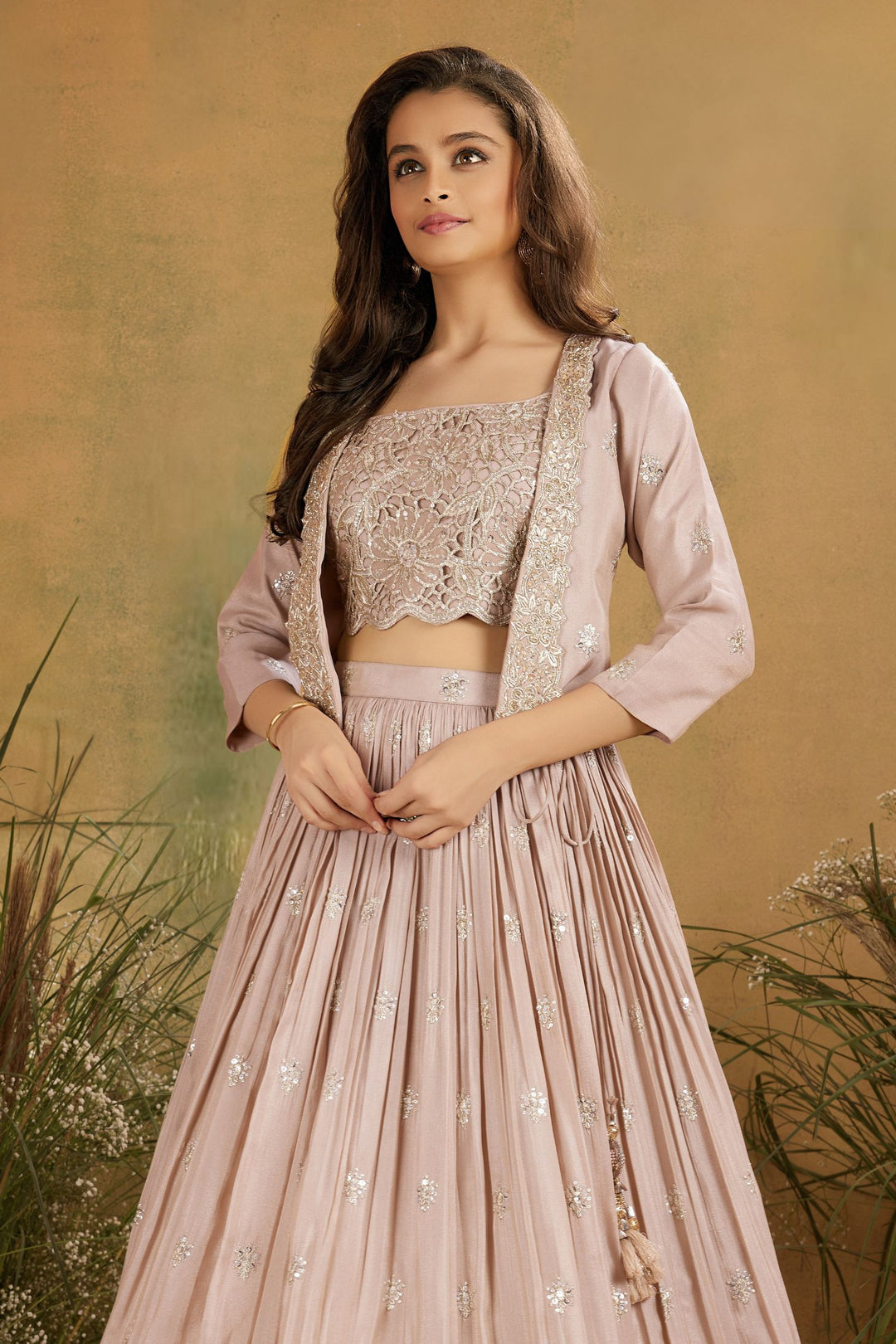 Beige Zari, Sequins, Stone and Beads work Jacket Styled Lehenga Choli for Girls