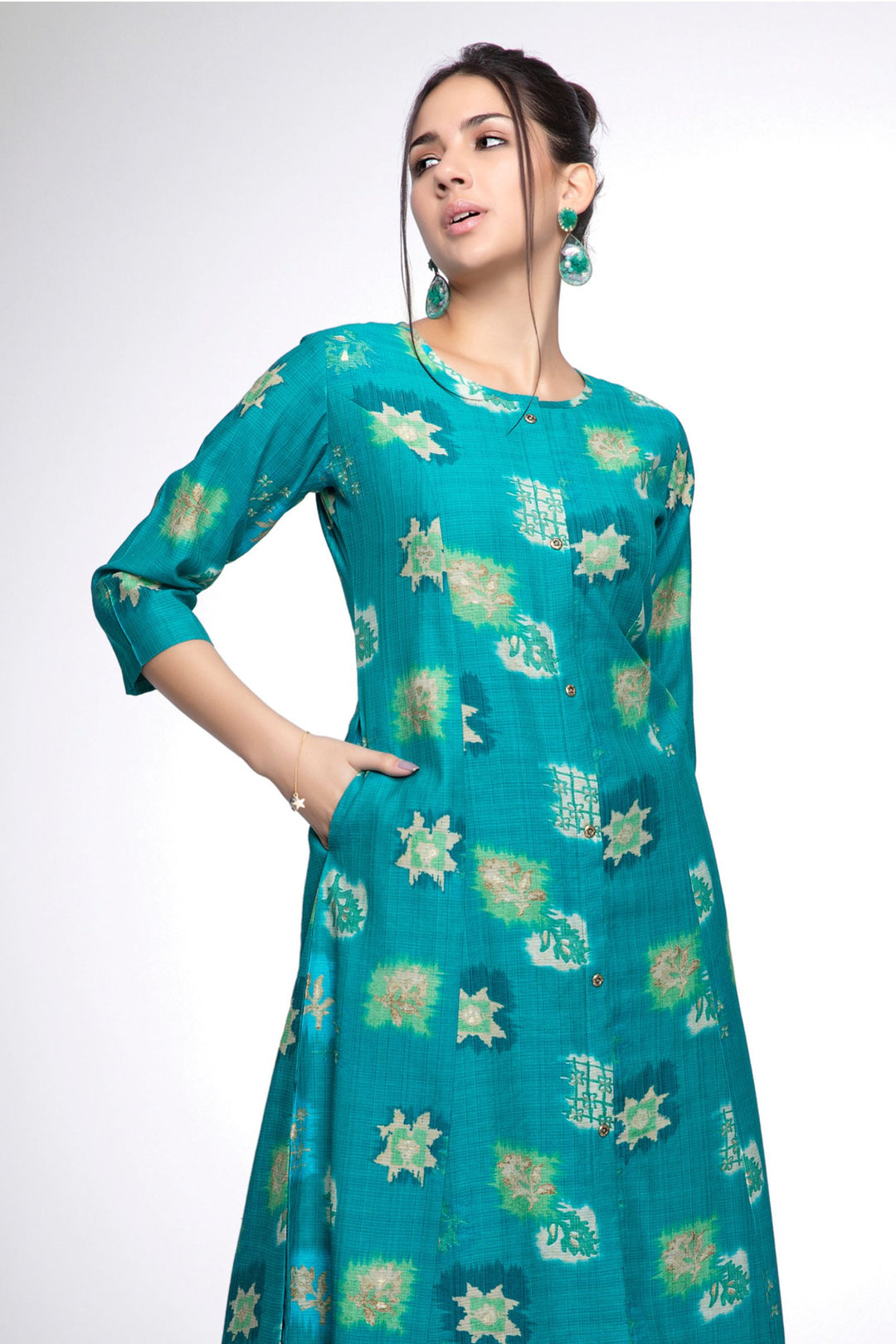 Rama Green Digital Print Aline Cut Calf Length Kurti
