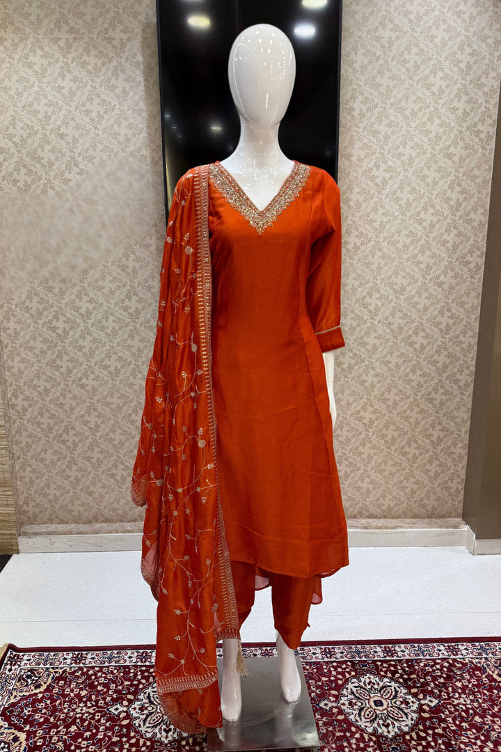 Orange Beads, Pearl, Zardozi, Stone, Zari and Sequins work Aline Cut Salwar Suit