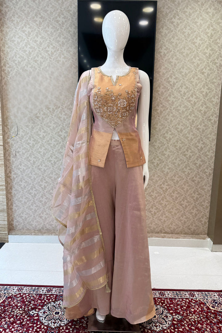 Onion Pink Palazzo Set with Beads, Sequins and Zari work with Organza Dupatta