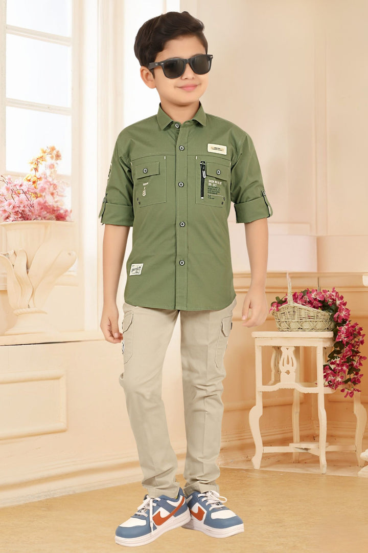 Pista Green Printed Shirt and Beige Pant Set for Boys