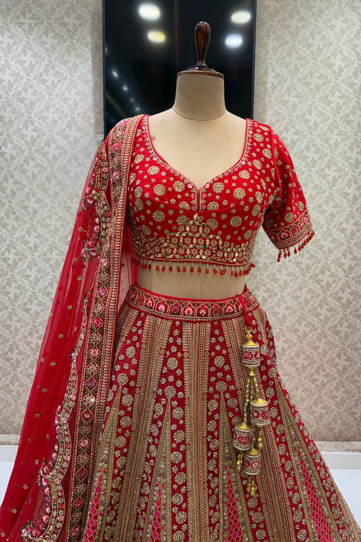 Designer Bridal Red Lehenga with Rich Multicolor Embroidery, Stone and Mirror Work