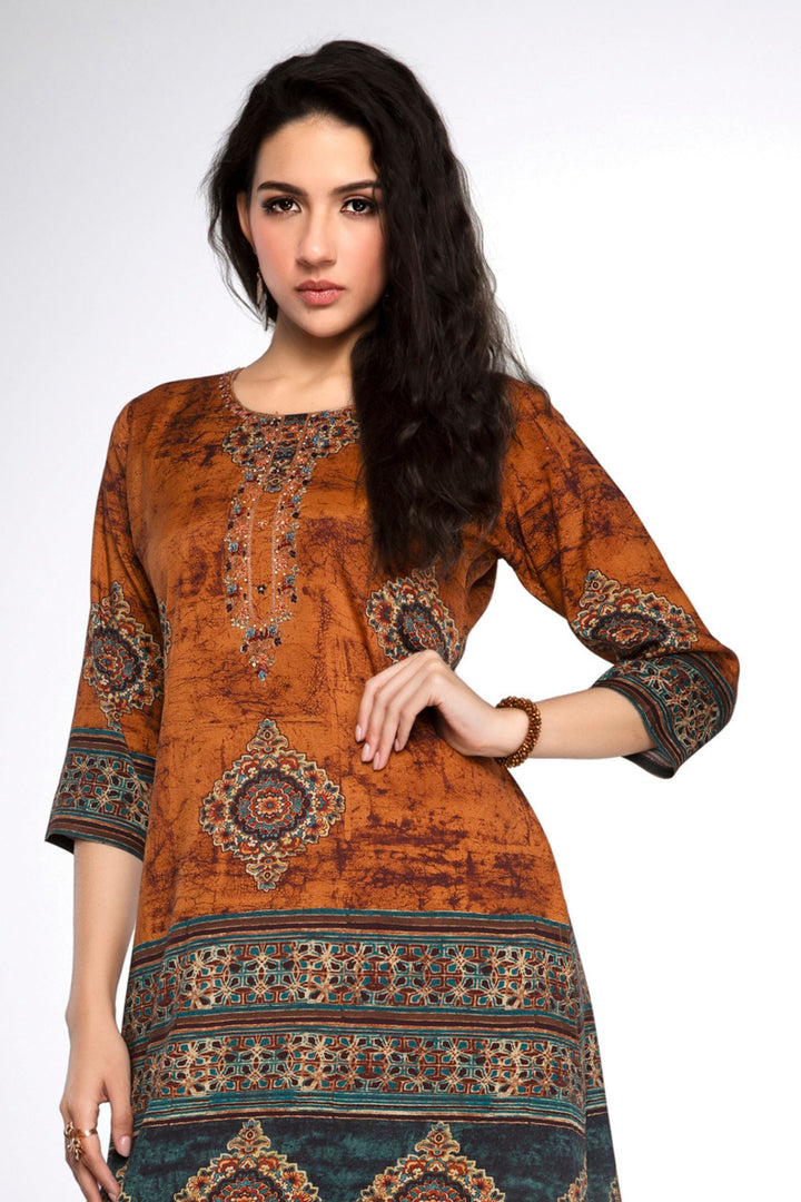 Mustard Sequins and Thread work with Multicolor Digital Print Calf Length Kurti