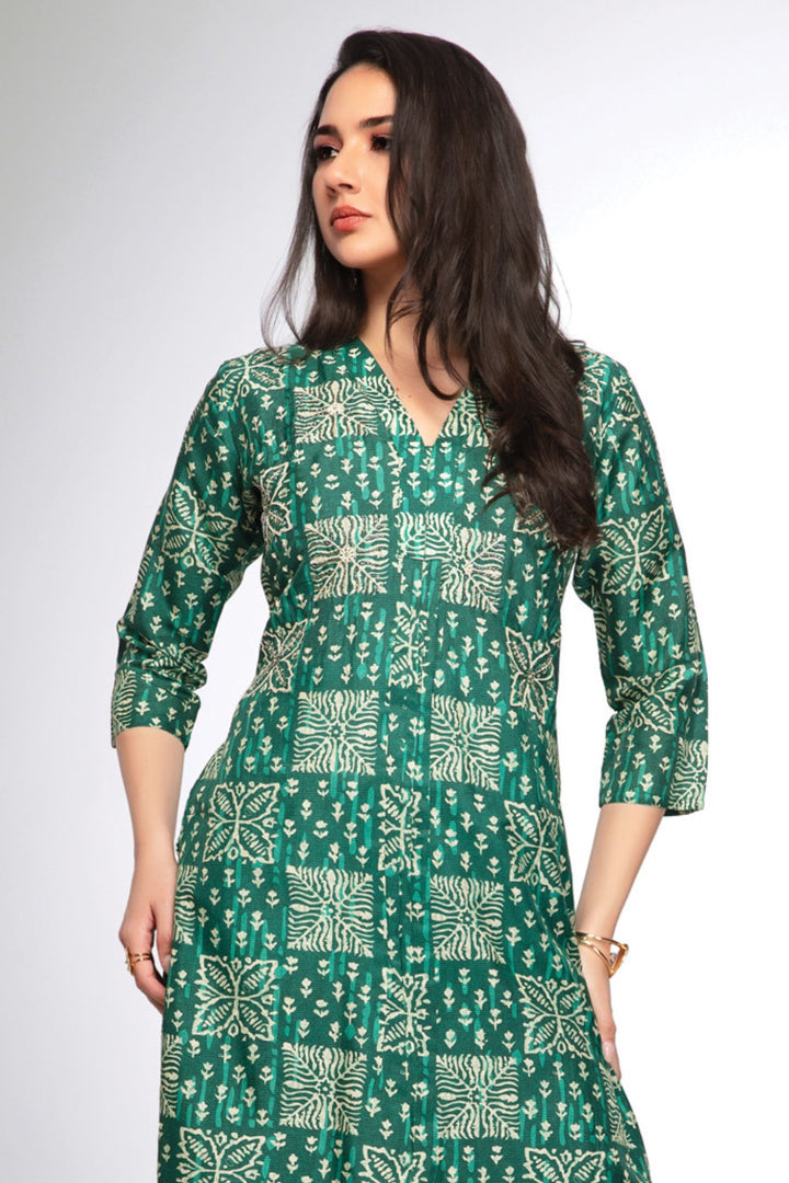Green Beads and Sequins work with Digital Print Calf Length Kurti