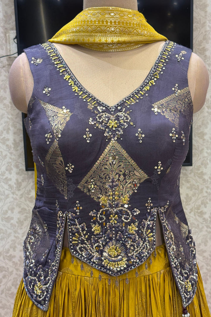 Dark Grey with Mustard Banaras, Mirror, Stone and Zari work Peplum Style Lehenga