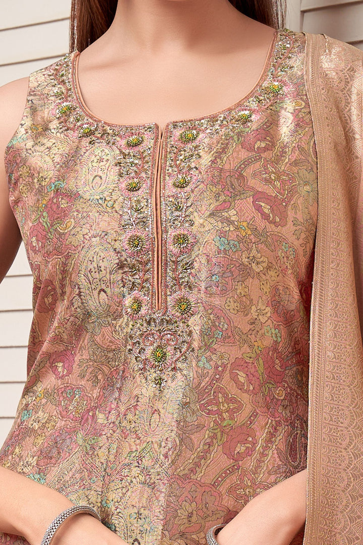 Light Peach Banaras, Zardozi, Sequins, Thread, Stone and Zari work Straight Cut Salwar Suit