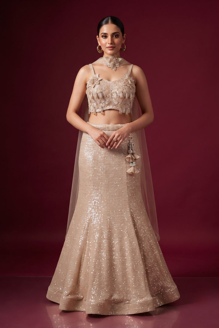 Beige Sequins and Beads work Mermaid Cut Lehenga Set