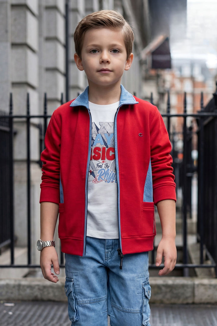 Red with Blue Blazer, Printed T-Shirt and Pant Set for Boys