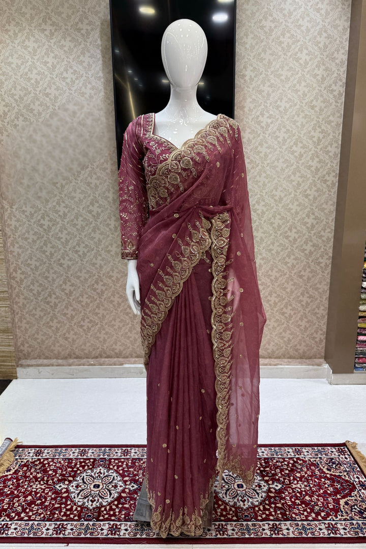 Onion Pink Pearls, Beads and Multicolor Thread work with Self Print Saree