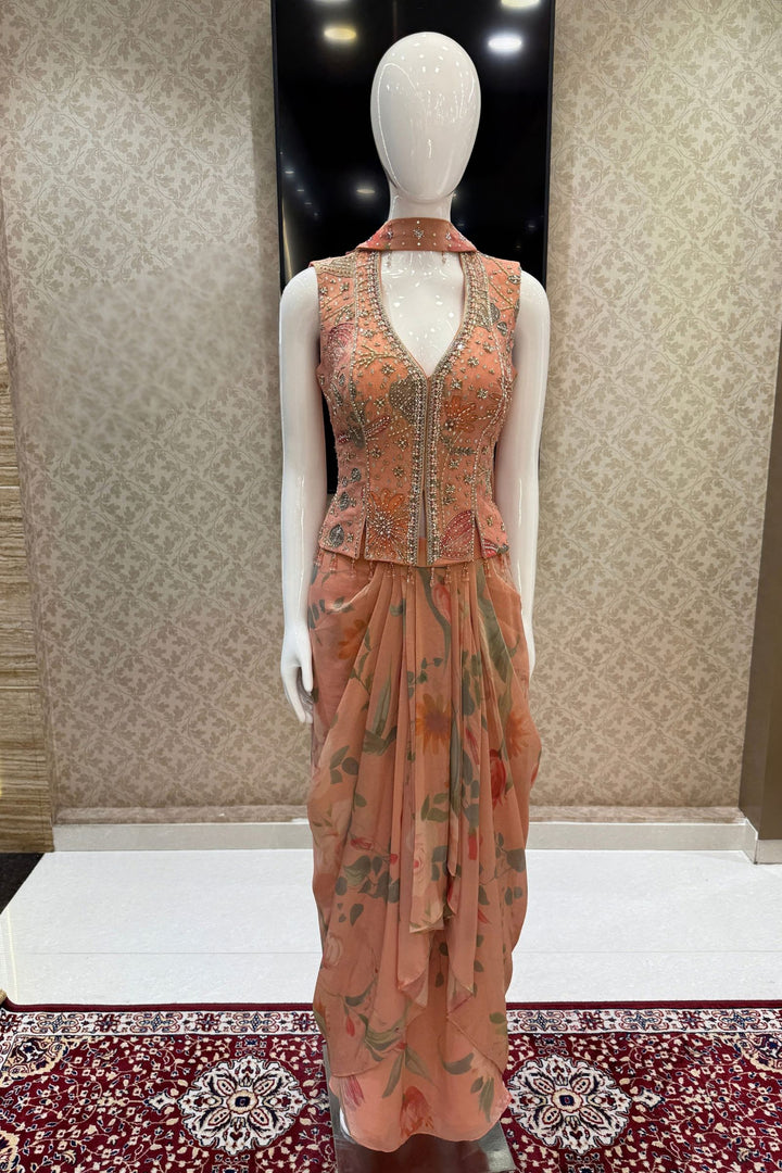 Peach Indo-Western Styled Halter Neck Top and Cowl Skirt