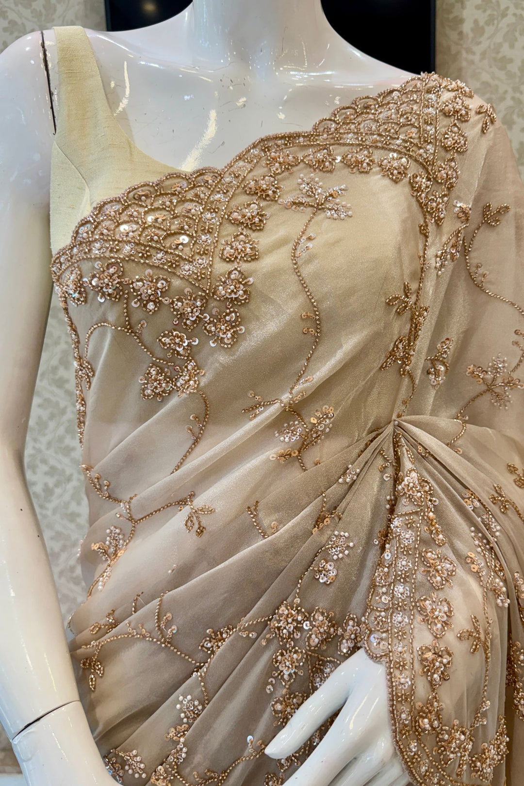 Chiku Saree with Intricate Sequin &amp; Beaded Embroidery and Scalloped Border