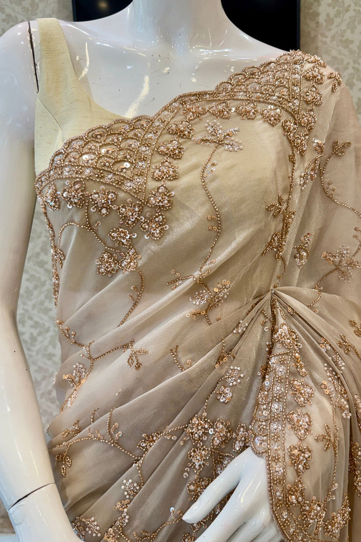 Chiku Saree with Intricate Sequin &amp; Beaded Embroidery and Scalloped Border