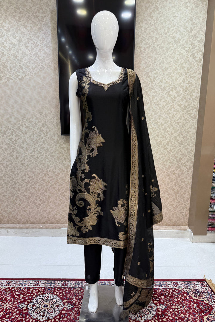 Black Banaras, Stone, Zardozi, Beads and Zari work Straight Cut Salwar Suit
