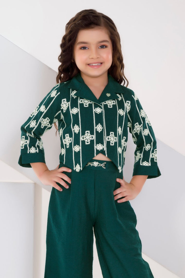 Bottle Green Thread and Sequins work Top with Palazzo Set for Girls