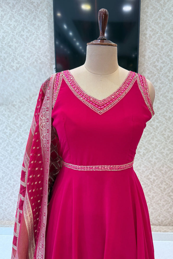 Rani Pink Beads and Sequins work Anarkali Gown with Traditional Banaras work Dupatta