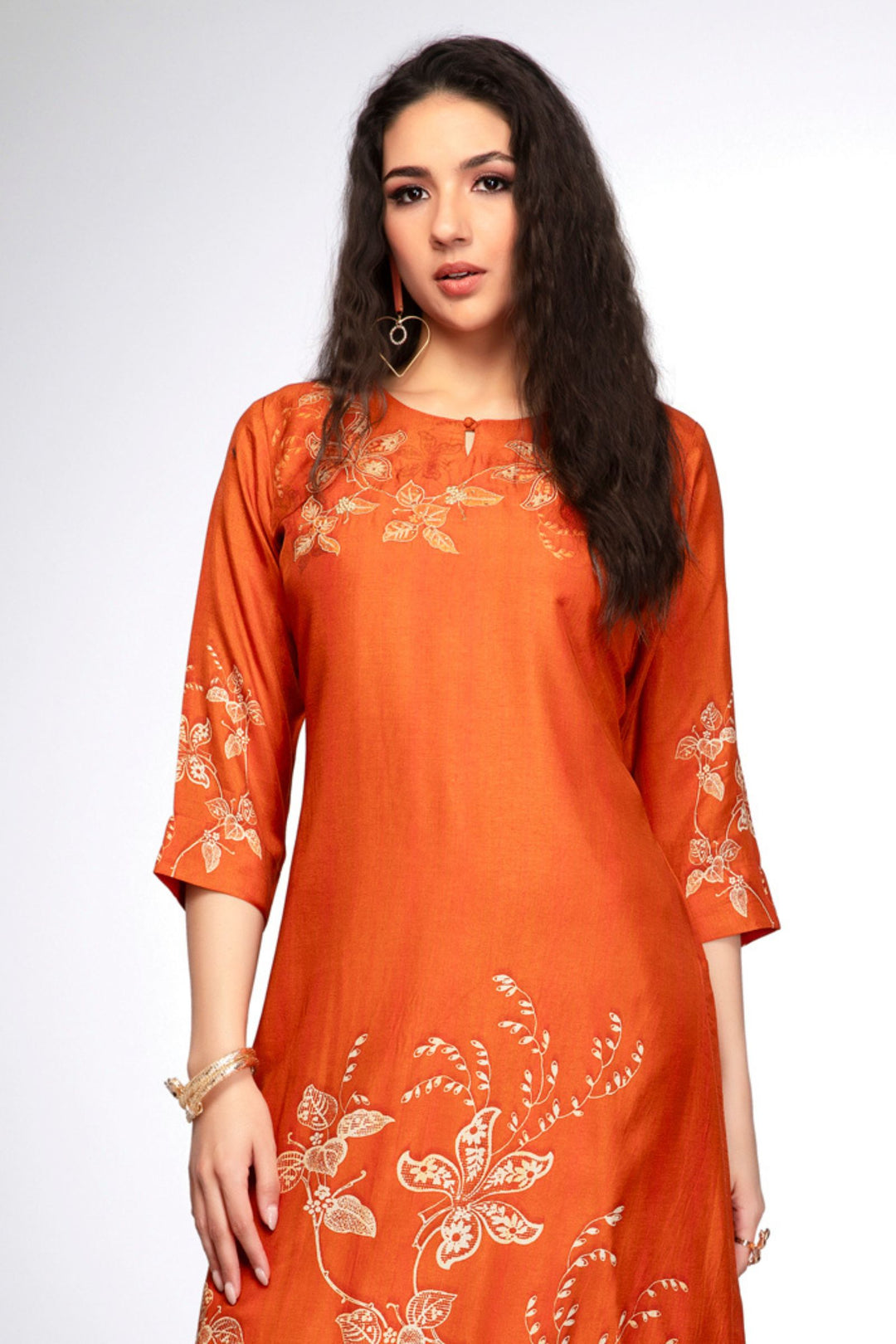 Orange Embroidery, Mirror and Zari work with Floral Print Calf Length Kurti